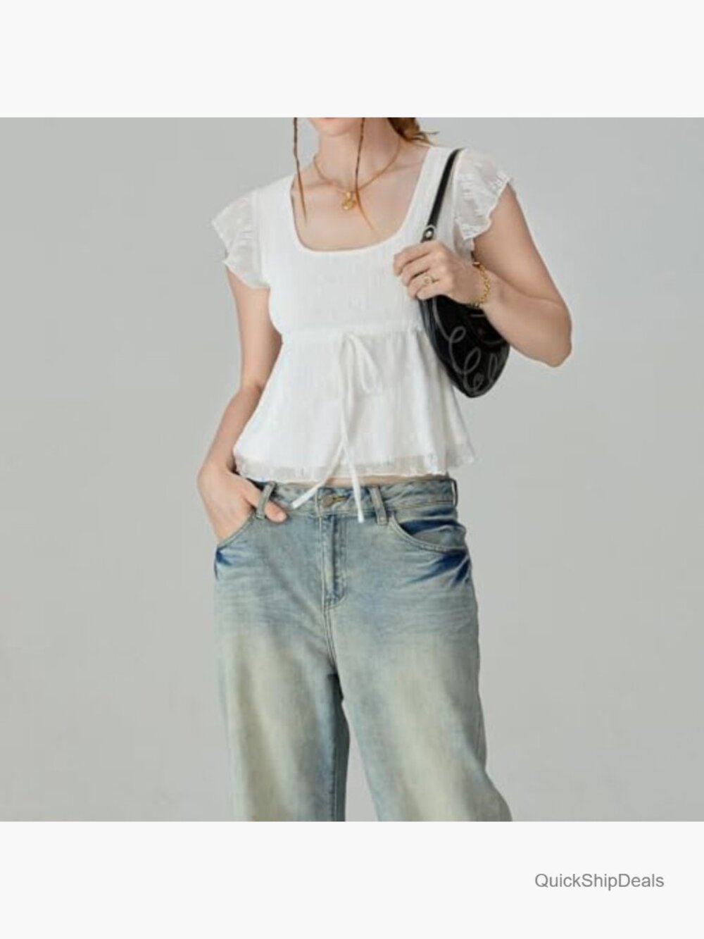 Women Square Neck Peplum Top Y2k Cap Sleeve Ruffle Trim Lace Up Slim Fit Blouse - Picture 5 of 6